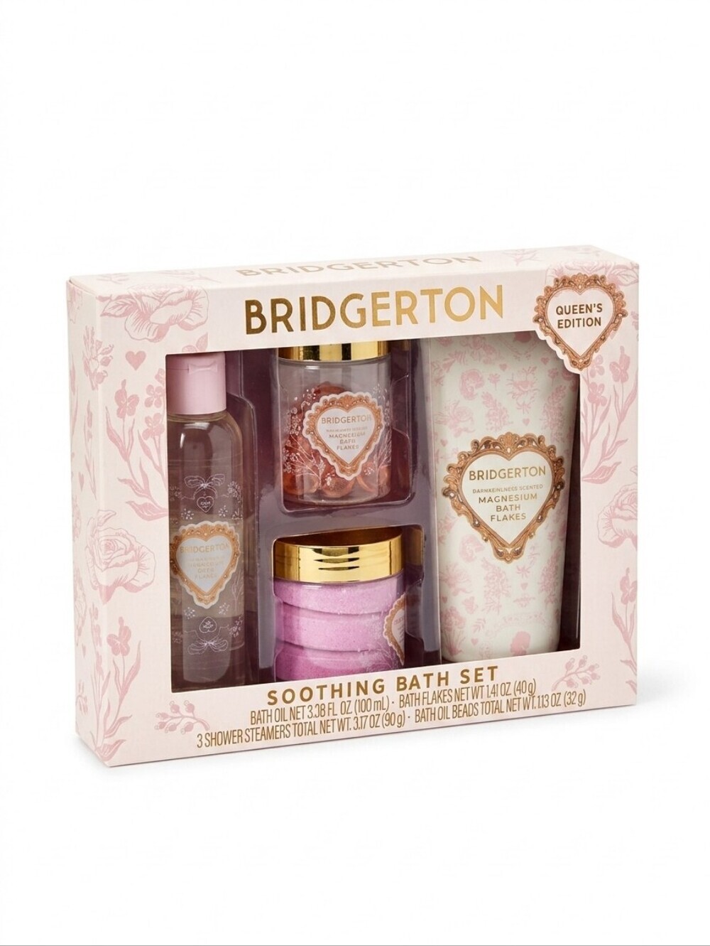Bridgerton Soothing Bath Set Queen's Edition 4 Pc Steamers Flakes Oil Beads